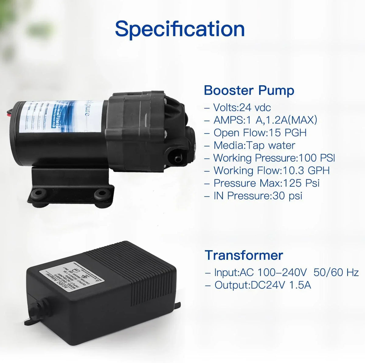 JIAH Reverse Osmosis Booster Pump Kit with Transformer + High and Low Pressure Switches + Fittings for 50-150 GPD RO System