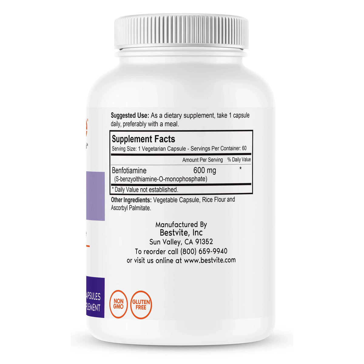 BESTVITE Ultra Benfotiamine 600mg per Capsule (60 Vegetarian Capsules) No Stearates - No Silicon Dioxide - Vegan - Non GMO - Gluten Free - Maximum Strength Benfotiamine