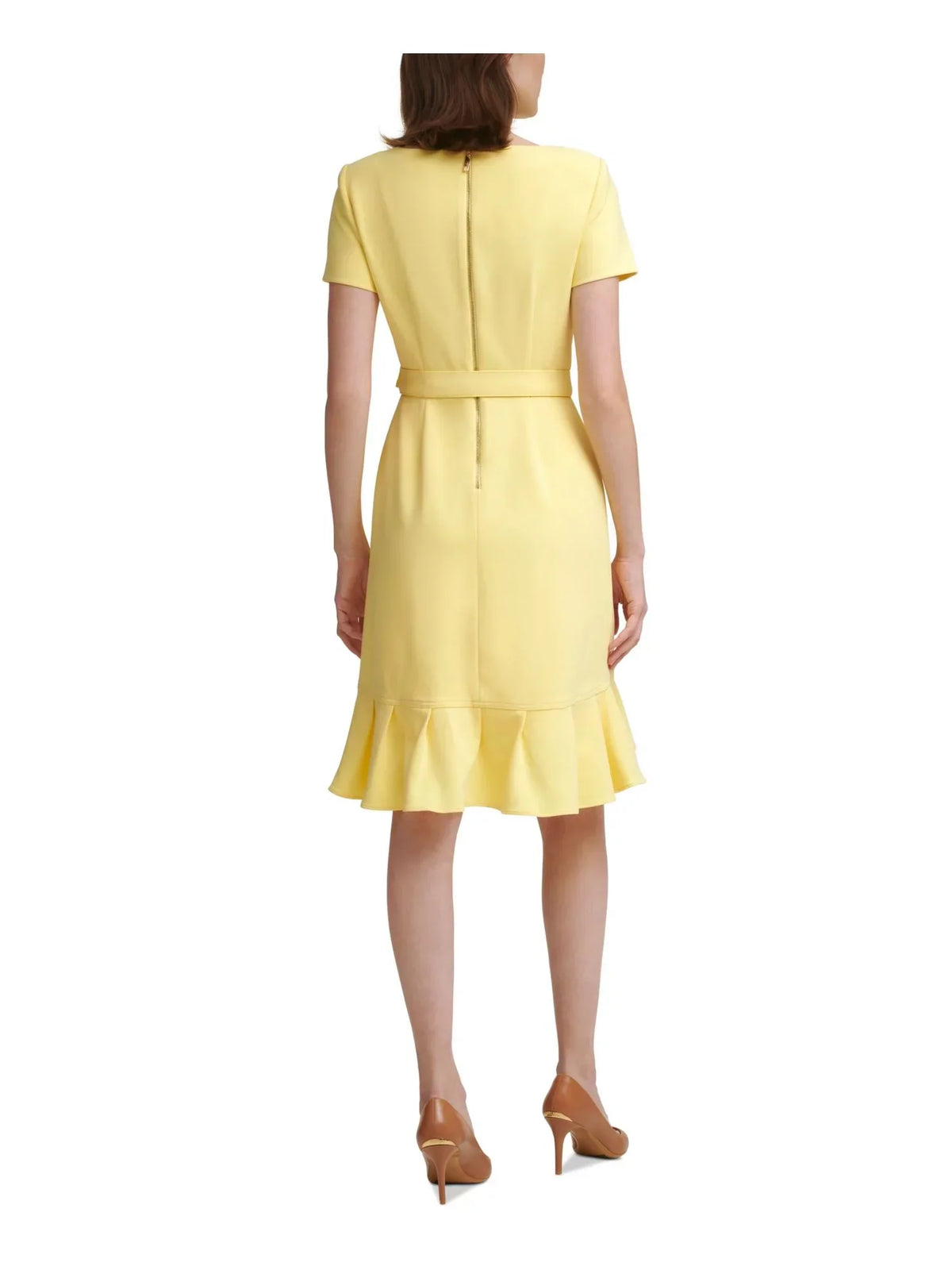 CALVIN KLEIN Womens Yellow Stretch Zippered Ruffled Tulip Hem Scuba Crepe Tie Sash Short Sleeve Round Neck Knee Length Party Sheath Dress Petites 0P
