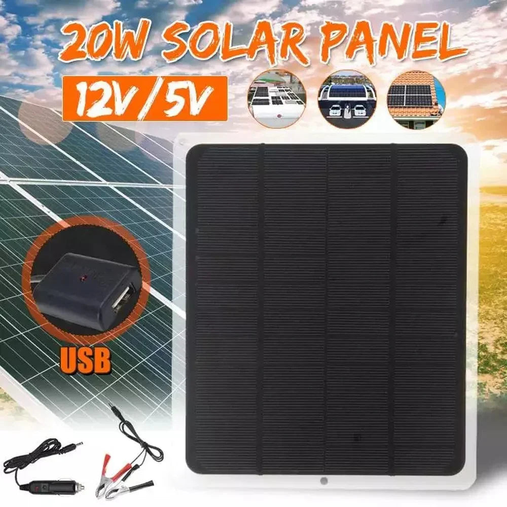 20W Portable Monocrystalline Silicon Solar Panel - USB, Outdoor Camping/Hiking, Car Light/Fan Recharging Tool, Removable Panels