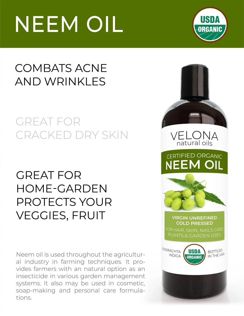 Velona Neem Oil USDA Certified Organic - 32 oz | 100% Pure and Natural Carrier Oil | Virgin, Unrefined, Cold Pressed | Hair, Body and Skin Care | Use Today - Enjoy Results