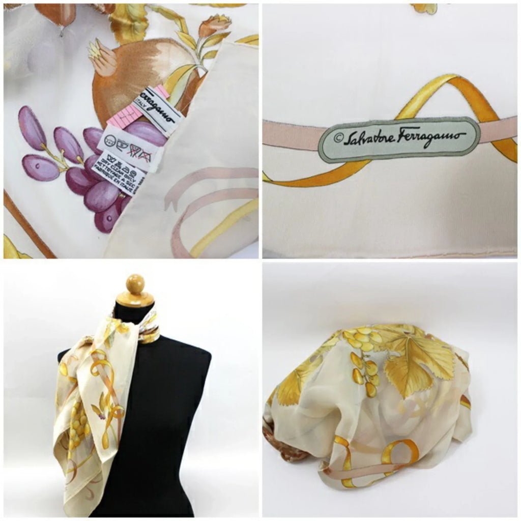 Pre-Owned Salvatore Ferragamo Viscose x Silk Scarf Muffler Fruit Pattern Cream Women's (Good)