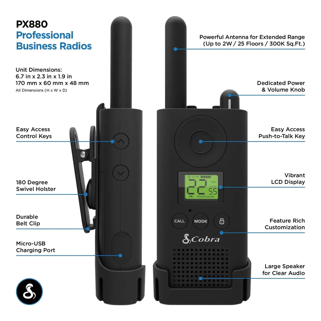 Cobra® MicroTALK CBA-PX880 Two-Way Radios, Black, Pack Of 2 Radios