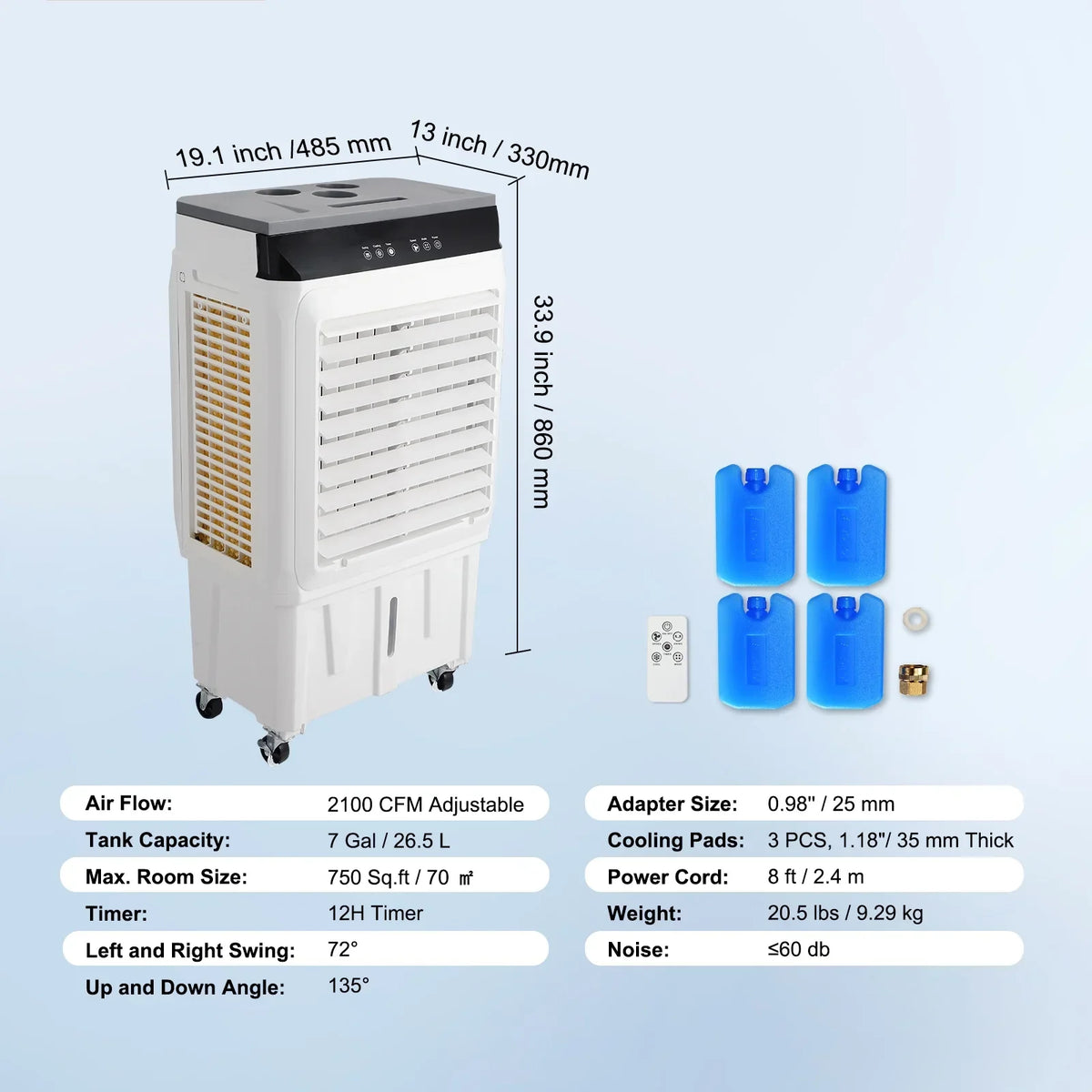 SKYSHALO Evaporative Cooler Swamp Cooler 3-in-1 2100 CFM 7 Gal 12h Timer Air Humidifier