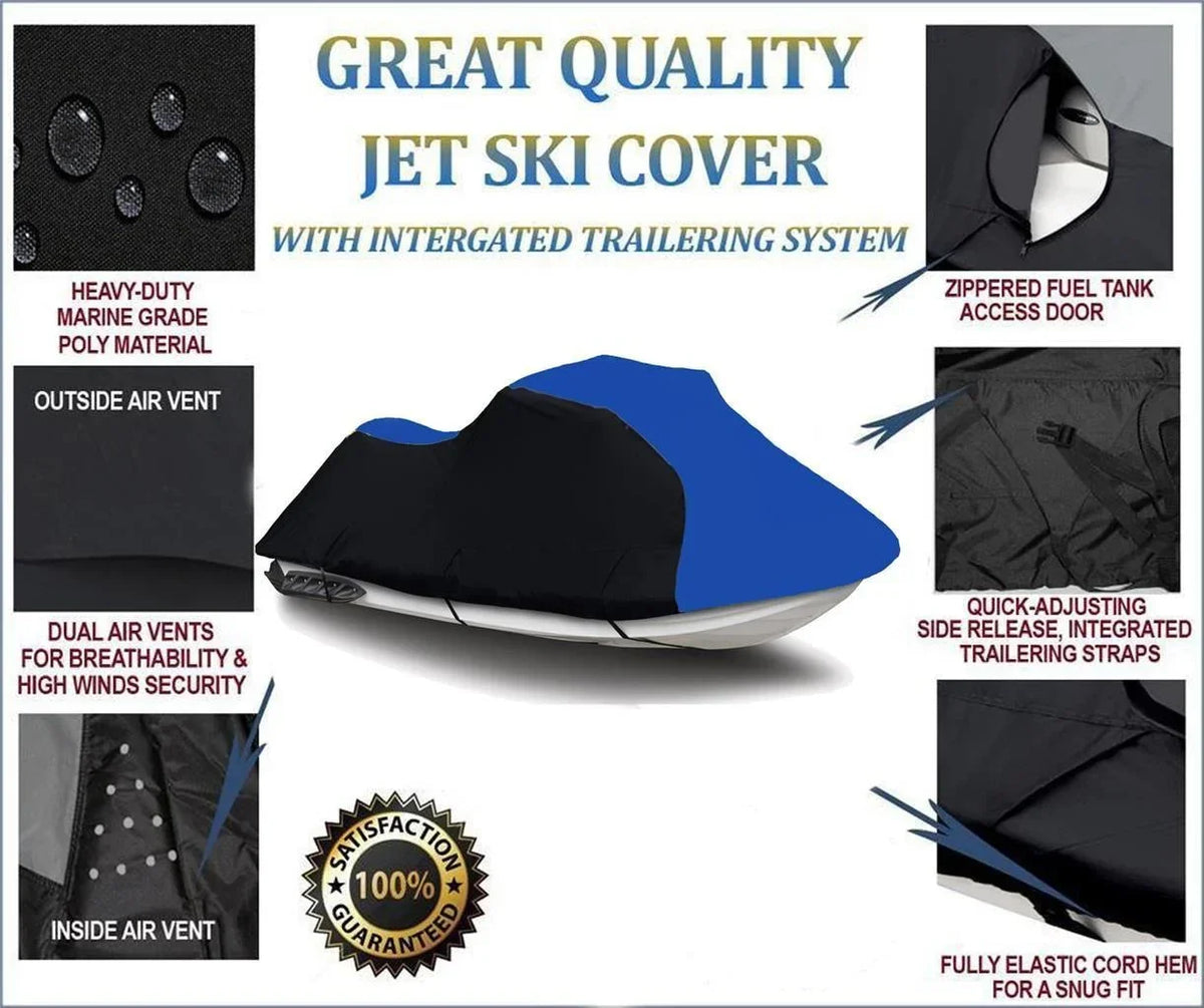 BLACK / BLUE HEAVY-DUTY Cover Compatible for KAWASAKI STX 900 1997 1998 1999 2000 2001 2002 2003 2004 2005 2006 Jet Ski Trailerable Cover
