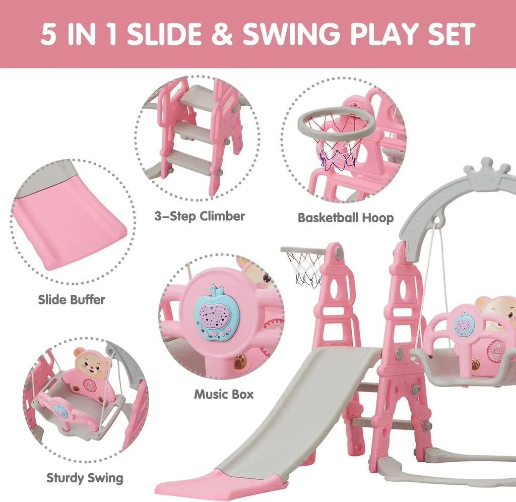 Kinbor 5 in 1 Toddler Slide Swing Set, Climber Slide Playground Baby Playset for Outdoor & Indoor with Basketball Hoop, Extra Long Slide & Easy Climb Stairs, Pink