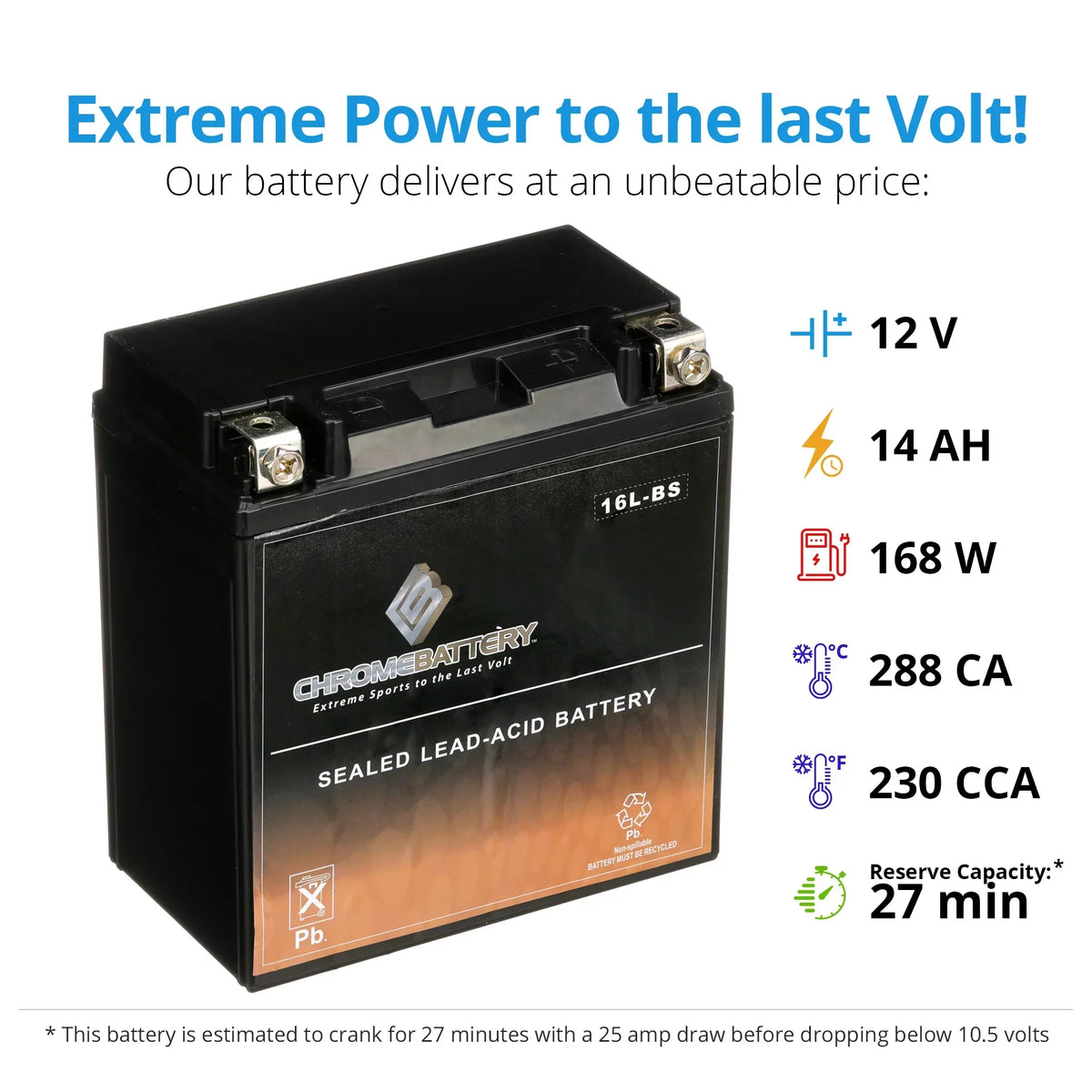Chrome Battery YTX16L-BS (16L-BS 12 Volt,14 Ah, 230 CCA) Jet Ski Battery for Yamaha Wave Runner 2005