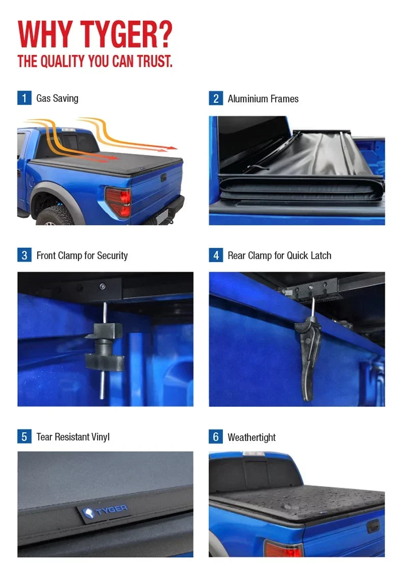 TYGER TG-BC3F1019 Tri-Fold Pickup Tonneau Cover Fit 09-14 Ford F-150 (NOT Raptor Series) w/o Utility Track 5.5 feet (66 inch) Trifold Truck Cargo Bed Tonno Cover (NOT For Stepside) 2010 2011 2012 2013
