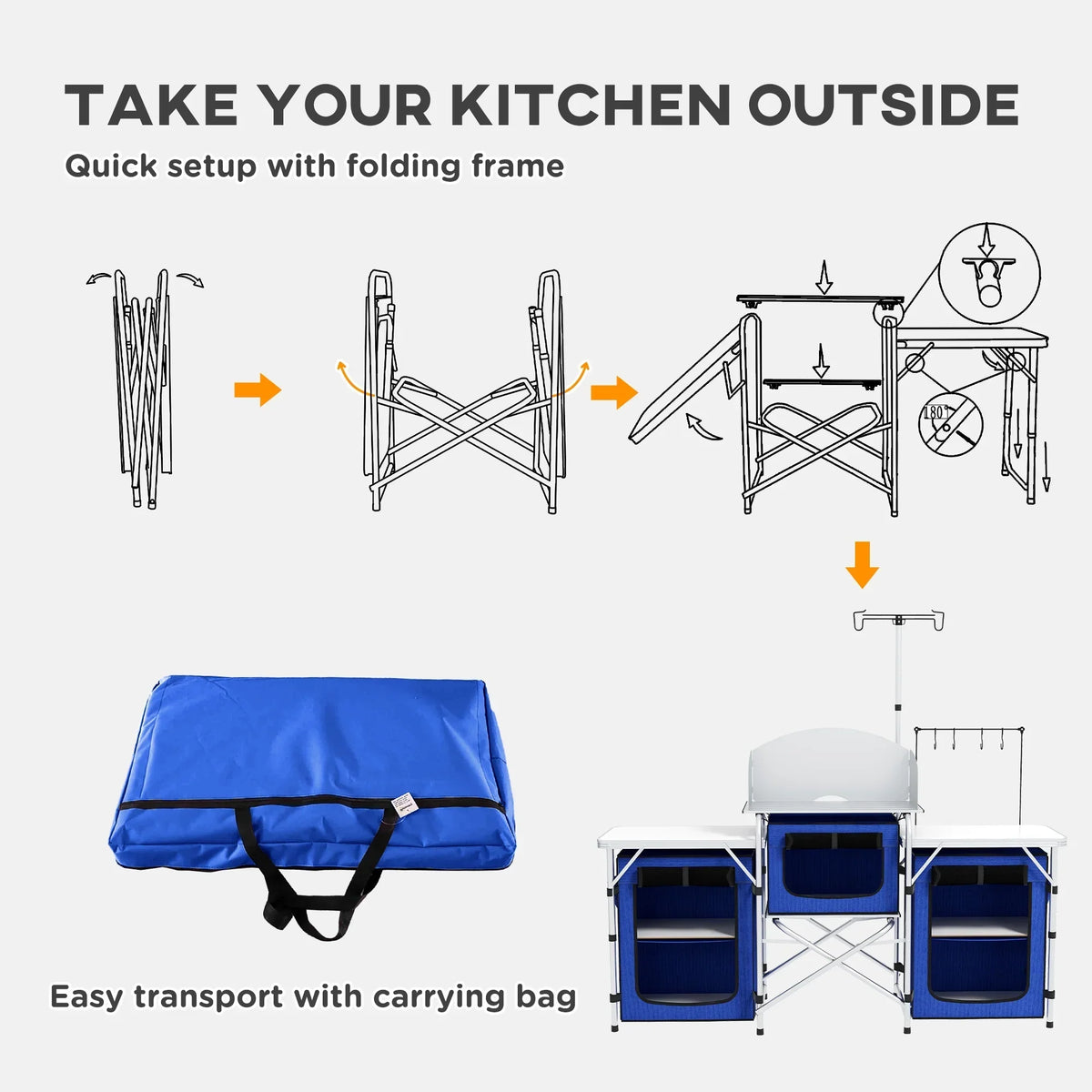 Outsunny Folding Camping Kitchen with Windshield Fabric Cupboards Blue