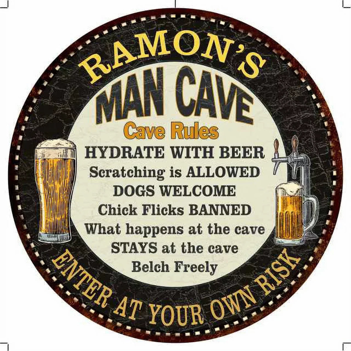 RAMON'S Man Cave Rules 14" Round Metal Sign Garage Wall Decor 100140010216