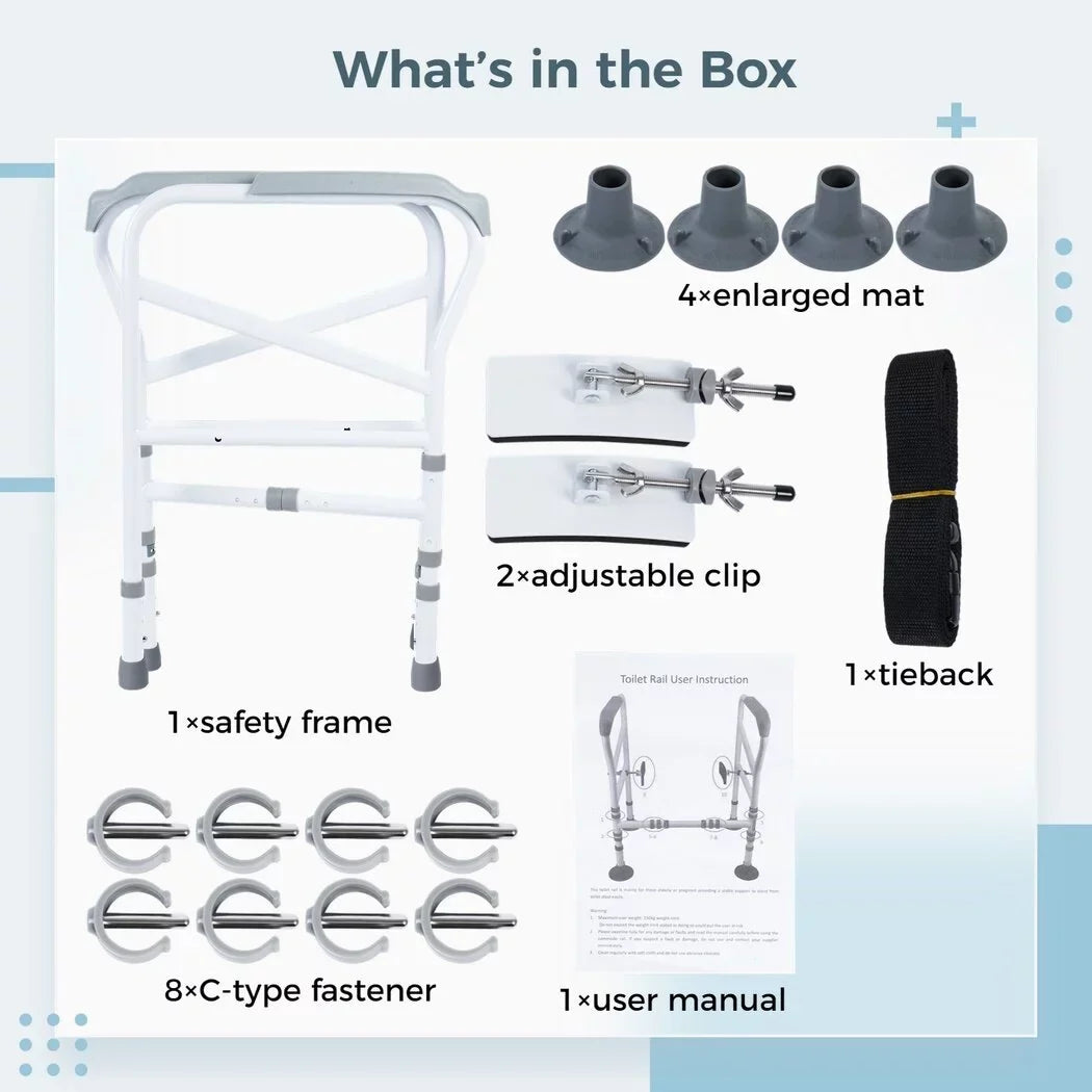 Toilet Safety Rails for Elderly, Adjustable Toilet Support Frame, Toilet Standing Aid for Disabled, Toilet Safety Handles with Large Non-Slip Mats, Free-Assembly, Fit All Toilets