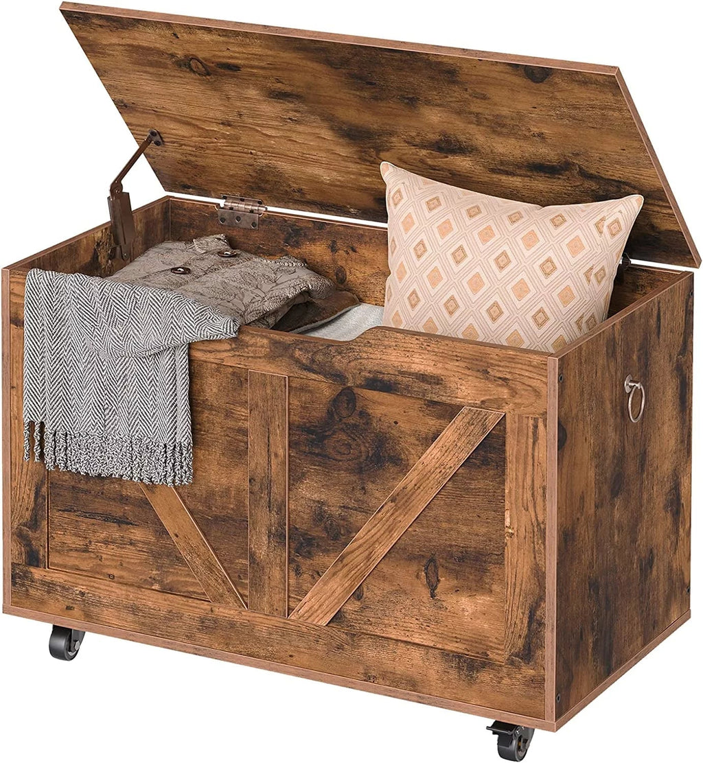 Storage Chest, Storage Trunk on Wheels, Sturdy Storage Bench Supports 220 lb, Wooden Entryway Bench, Shoe Bench, Movable, Safety Hinge, U-Shaped Opening, Easy Assembly, Rustic Brown FG74CW01