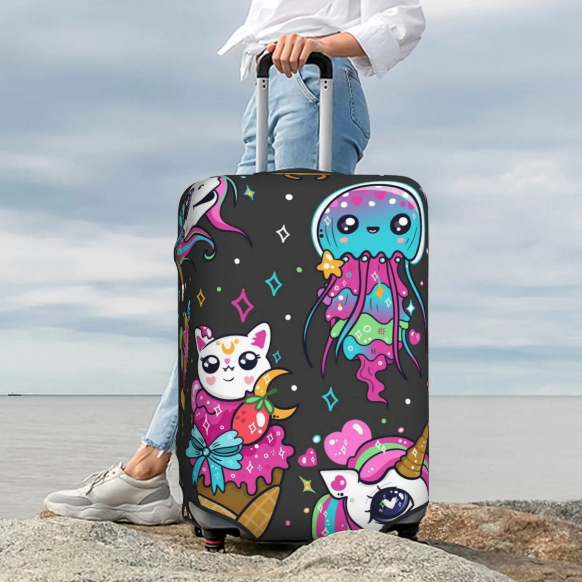 Fotbe Rainbow Unicorn And Cat Icecream Luggage Cover Protector,Suitcase Cover Protector Fit 18-32 Inch Luggage,Washable Protector Covers Dust And Stratch Resistance