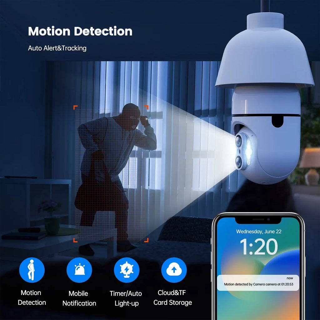 Toguard 3 Pack SC11 10X Hybrid Zoom Light Bulb Security Camera Outdoor E27 PTZ Dual Lens Dome Surveillance Camera Wireless Connector