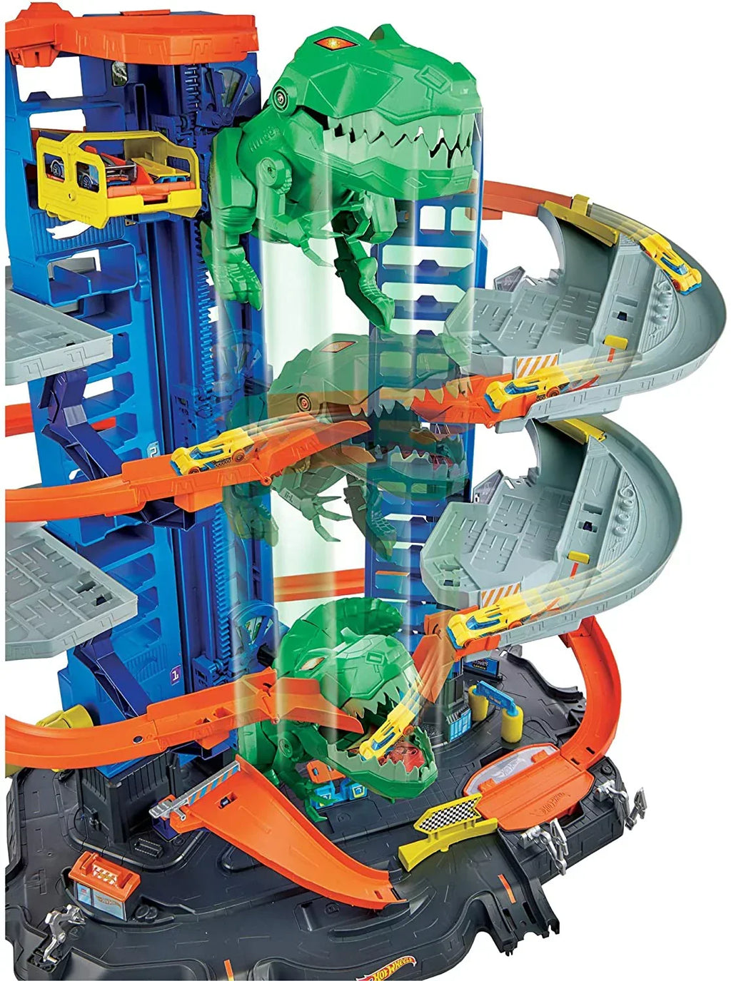 Hot Wheels City Ultimate Garage Track Set with 2 Toy Cars, Garage Playset Features Multi-Level Racetrack, Moving T-Rex Dino & Storage for 100+ 1:64 Scale Vehicles, Toy Gift for Kids 3 Years & Older