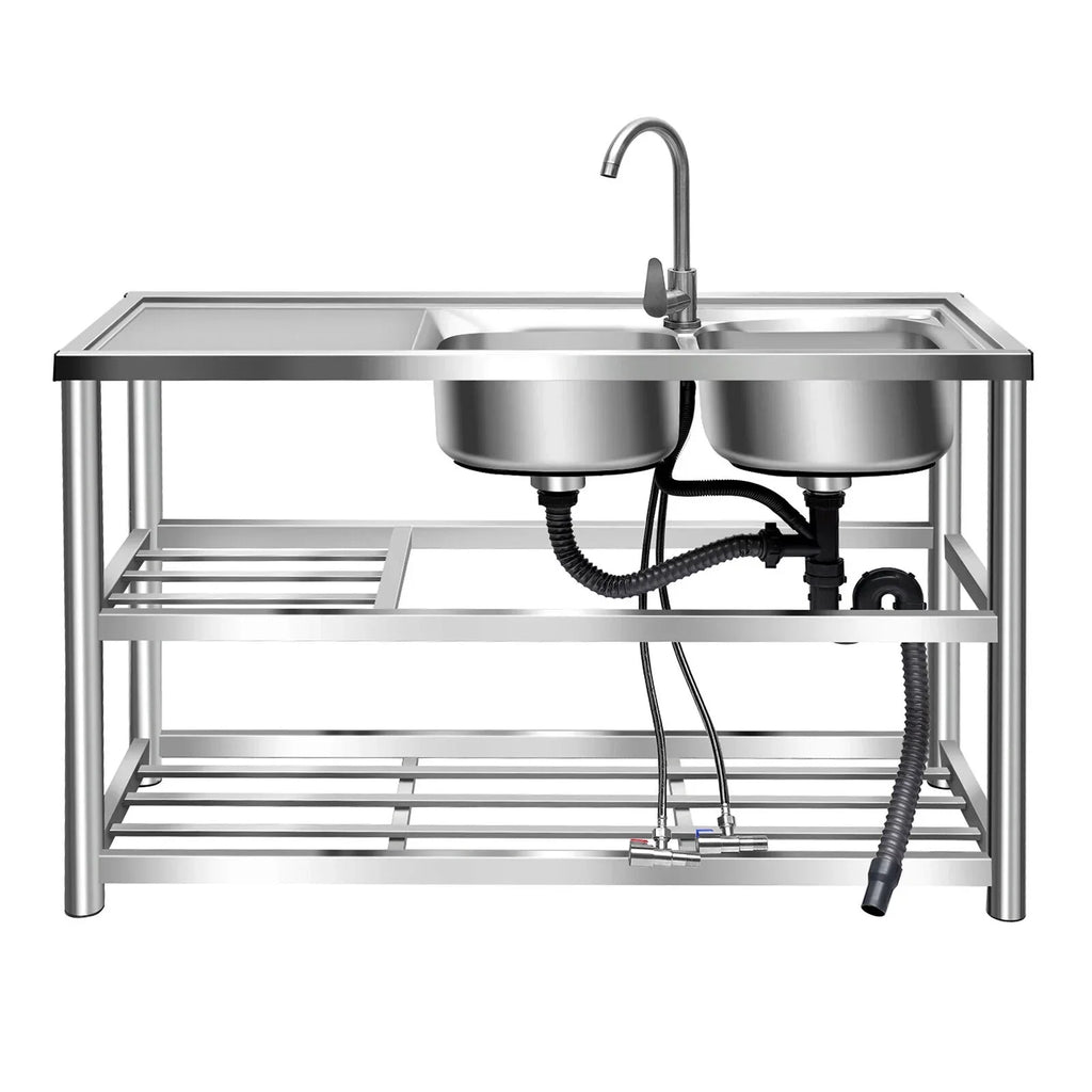Commercial Kitchen Utility Sink w/ Drainboard 304 Stainless Steel Catering Prep Home Sink Bowl Kitchen 2 Bowls Catering Prep Table w/Faucet Sink Bowl Kitchen 2 Bowls Catering Prep Table +Shelf