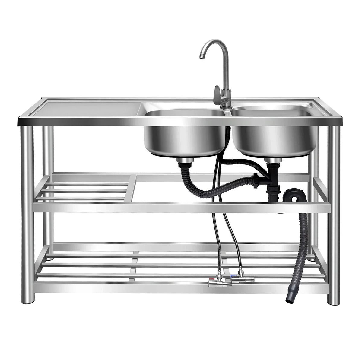 Commercial Kitchen Utility Sink w/ Drainboard 304 Stainless Steel Catering Prep Home Sink Bowl Kitchen 2 Bowls Catering Prep Table w/Faucet Sink Bowl Kitchen 2 Bowls Catering Prep Table +Shelf
