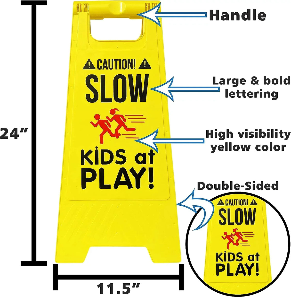 2 Pack Caution! SLOW - KIDS at PLAY! Signs, Double Sided, High Visibility Yellow Color, Fold-Out Standing Signs, Portable with Carrying Handle - by SciencePurchase